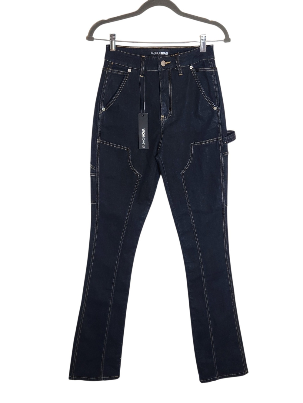 Fashion Nova Dark Wash Camellia Carpenter Mini Bootcut Jeans NWT Size 5